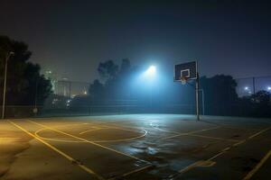 esvaziar urbano ao ar livre basquetebol quadra às noite com uma Largo - ângulo visualizar. generativo ai foto