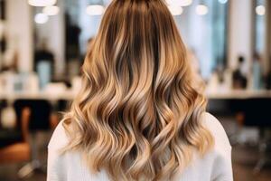 uma fechar - acima foto este vitrines a balayage efeito em cabelo a partir de a costas visualizar. generativo ai