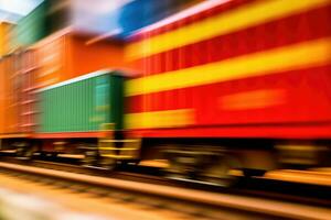 fechar - acima Visão do uma carga trem com movimento borrão, simbolizando a velozes e eficiente transporte do bens. generativo ai foto