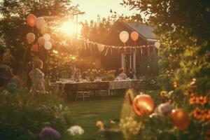 atmosférico tiro do uma jardim aniversário festa às pôr do sol. generativo ai foto