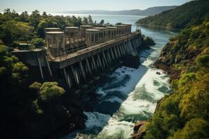 uma hidroelétrica barragem aninhado dentro uma exuberante vale, exibindo a poderoso interação entre natureza e feito pelo homem estruturas para renovável energia. generativo ai foto