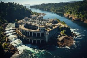 uma hidroelétrica barragem aninhado dentro uma exuberante vale, exibindo a poderoso interação entre natureza e feito pelo homem estruturas para renovável energia. generativo ai foto