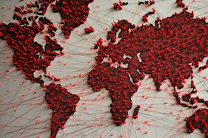 uma fechar - acima foto simbolizando a global financeiro crise. a imagem focos em uma mundo mapa com vermelho linhas marcação a países afetado de financeiro crise. generativo ai