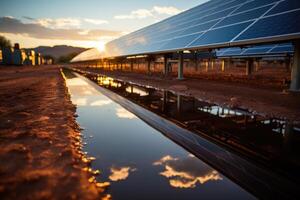 uma grande deserto panorama preenchidas com solar painéis refletindo a poderoso sol, representando a infinito energia fonte. generativo ai foto