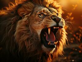 uma deslumbrante tiro do uma rugindo leão durante pôr do sol dentro a africano savana. generativo ai foto