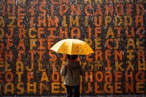 uma criança segurando a guarda-chuva debaixo uma chuva do alfabetos, simbolizando a chuveiro do conhecimento. generativo ai foto