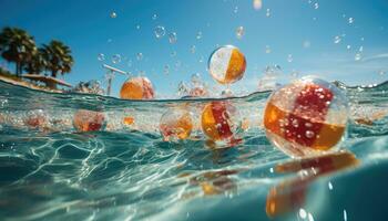 vibrante verão - de praia bola saltando em piscina água durante Festa. generativo ai foto