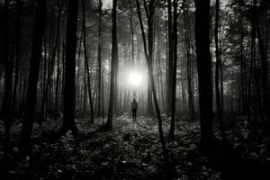 uma bruxa em pé sozinho dentro uma floresta limpeza, recortado contra uma enorme, brilhando cheio lua. generativo ai foto