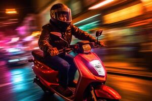 fechar - acima imagem, uma Entrega homem é equitação dele lambreta motocicleta através a cidade ruas às noite. generativo ai foto