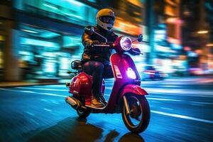 fechar - acima imagem, uma Entrega homem é equitação dele lambreta motocicleta através a cidade ruas às noite. generativo ai foto