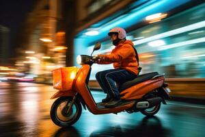 fechar - acima imagem, uma Entrega homem é equitação dele lambreta motocicleta através a cidade ruas às noite. generativo ai foto