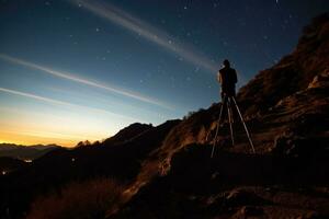 uma stargazer poleiros em uma colina, dele telescópio aguçado para a noite do céu celestial corpos. generativo ai foto