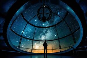 às uma Alto - tecnologia observatório, a astrônomo pares através uma gigante telescópio para dentro a Estrela - estudado céu. generativo ai foto
