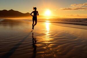 a atleta, corrida em a isolado de praia às a pausa do alvorecer. generativo ai foto