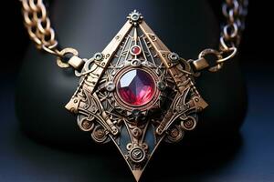 fechar - acima tomada, a intrincadamente detalhado mágico amuleto, rico jóia tons. generativo ai foto