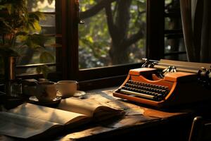 vintage máquina de escrever em uma de madeira escrivaninha com amassado papéis em volta. generativo ai foto
