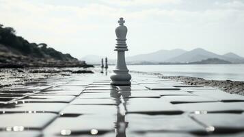 uma solteiro xadrez peça em pé em uma deserta de praia. generativo ai foto