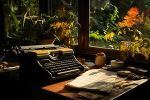 vintage máquina de escrever em uma de madeira escrivaninha com amassado papéis em volta. generativo ai foto
