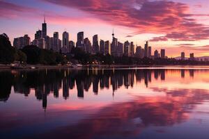 cidade Horizonte recortado contra a laranja e roxa céu às pôr do sol. generativo ai foto