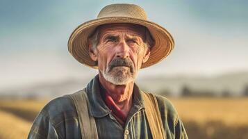 meia idade agricultor em pé dentro frente do uma campo foto