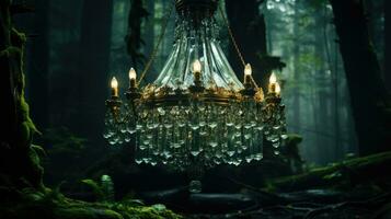 surreal tomada, uma solitário lustre suspensão dentro uma nebuloso floresta. generativo ai foto