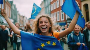 grupo do pessoas protestando com europeu União bandeira foto