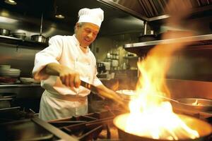 a com experiência chefe de cozinha chamas uma frigideira dentro uma ocupado restaurante cozinha. generativo ai foto