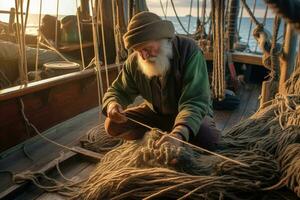 a velho pescador reparos dele internet em a de madeira área coberta do uma rústico barco. generativo ai foto