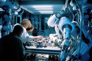 dentro uma movimentado robótica laboratório, uma equipe do engenheiros é meticulosamente montagem uma humanóide robô. generativo ai foto