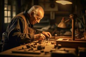 dentro uma movimentado oficina, uma artesão meticulosamente formas uma peça do madeira. generativo ai foto