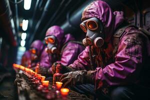 pessoas dentro gás máscaras afetado de a nuclear ataque estão sentado dentro a abandonado metrô estação. generativo ai foto