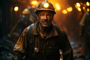 mineiro saindo uma carvão meu coberto dentro sujeira e fuligem. generativo ai foto