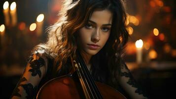 lindo mulher dentro Preto vestir jogando violoncelo. foto