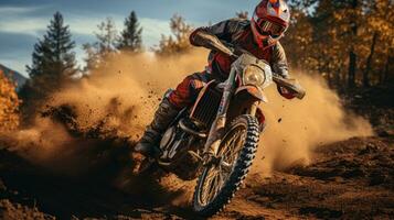motocross cavaleiro cria uma muitos do poeira e sujeira foto