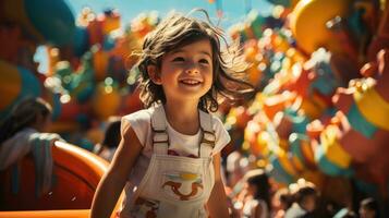 feliz pequeno menina tendo Diversão às a Parque infantil foto