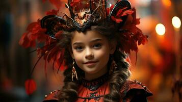 joaninha radiante sorrir - adorável menina dentro joaninha traje no meio outono folhas. generativo ai foto