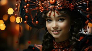 joaninha radiante sorrir - adorável menina dentro joaninha traje no meio outono folhas. generativo ai foto
