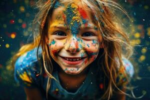 dinâmico e comovente fechar-se tiro do uma pequeno menina com sardas, olhos espumante com curiosidade e salpicos do colorida pintura em dela face. generativo ai foto