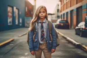 uma cativante cheio corpo tiro do uma jovem menina pronto para dela primeiro dia do escola. generativo ai foto