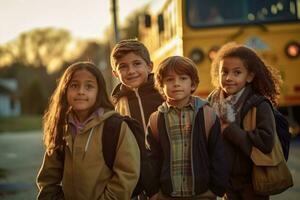 uma grupo do crianças esperando às uma escola ônibus parar. generativo ai foto