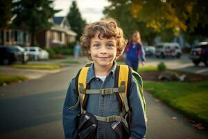 uma jovem Rapazes primeiro dia às escola. generativo ai foto