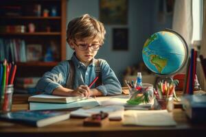 a noivando sincero tiro do uma Garoto sentado às dele Novo mesa, avidamente desembalar dele escola suprimentos. generativo ai foto