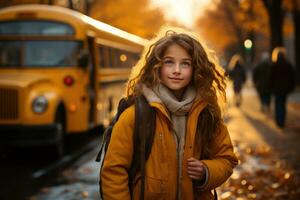 a exato momento uma jovem menina Pranchas dela escola ônibus para a primeiro tempo. generativo ai foto