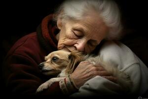 a idosos mulher ternamente segurando uma dormindo filhote de cachorro. generativo ai foto