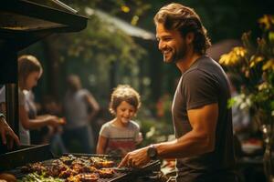 trabalho dia Diversão - família desfrutando uma quintal churrasco. generativo ai foto