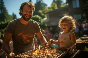 trabalho dia Diversão - família desfrutando uma quintal churrasco. generativo ai foto