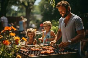 trabalho dia Diversão - família desfrutando uma quintal churrasco. generativo ai foto