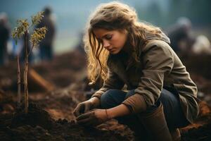 Novo vida - jovem menina plantio árvore. generativo ai foto