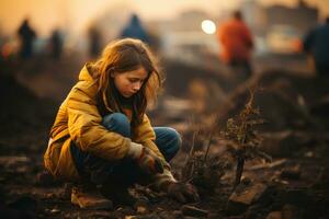 Novo vida - jovem menina plantio árvore. generativo ai foto