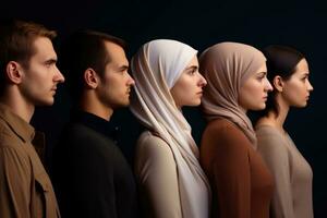 uma linha do diverso indivíduos, Incluindo uma loiro mulher, uma loiro homem, uma mulher com uma hijab, e uma caucasiano mulher. generativo ai foto